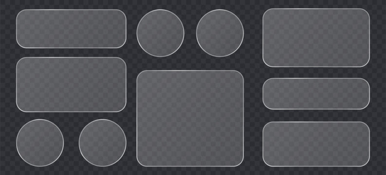 Set of glassmorphism buttons and frames, frosted glass effect ui elements, transparent rounded rectangles and circles for web and mobile app design