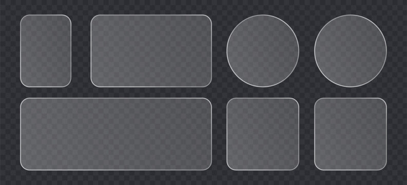 Set of frosted glass plates, glassmorphism style shapes, transparent ui elements, rounded rectangular and circular frames, matte glass texture