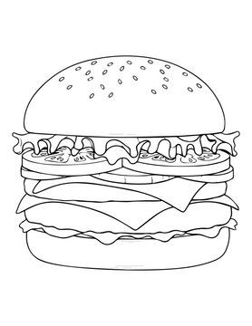 Black and white outline of a large cheeseburger with lettuce tomato cheese layers fast food junk food line art food illustration hamburger cheeseburger sandwich illustration