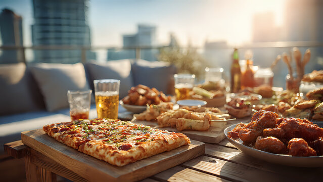 A delightful spread of delicious finger foods and pizza on a table with drinks, set against a cityscape at sunset, perfect for a casual outdoor gathering