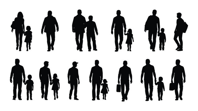 A collection of black silhouettes depicting diverse groups of people including adults and children walking together high quality professional detailed modern