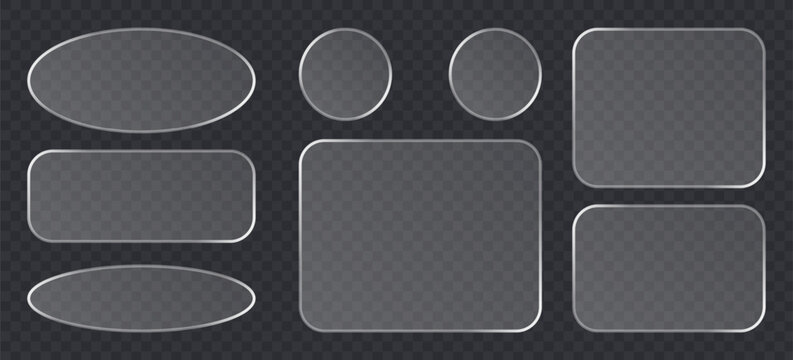 Set of glassmorphism style frames, frosted glass buttons, transparent ui elements with rounded corners and soft light reflections on dark background