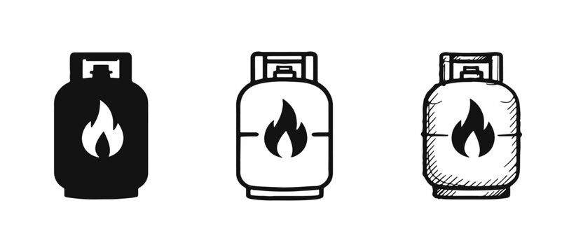 Gas Cylinder with Flame Icon Set - Propane Tank and Energy Safety Doodles