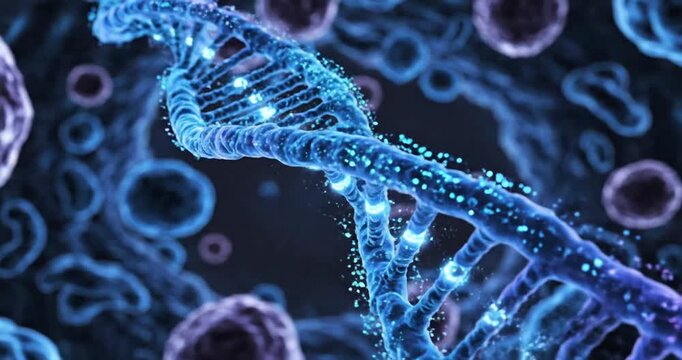 Close-up view of a DNA double helix with glowing elements, representing genetic structure and science