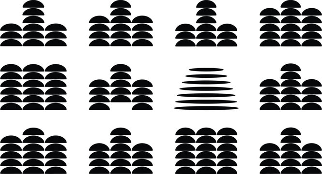 Black geometric triangle stacks create rhythmic layered abstract formations.
