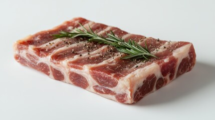 Fototapeta premium Seasoned Pork Belly Raw Meat Rosemary Pepper Food Photography