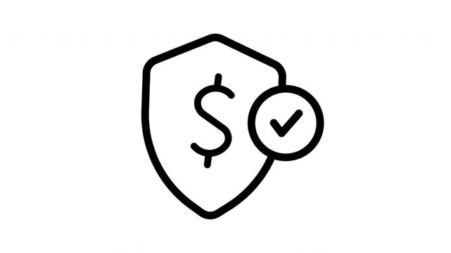 Secure Payment Protection Animation Icon, Money Shield with Checkmark Loop, Financial Safety and Verified Transaction Motion Graphic with Alpha Channel, Digital Wealth Insurance Outline Video.