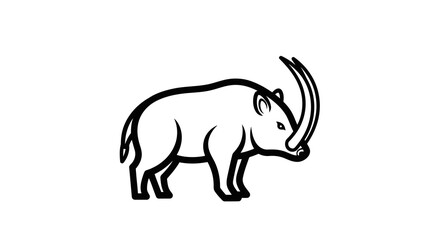 Fototapeta premium Simple line drawing of a mammoth with curved tusks on white background.