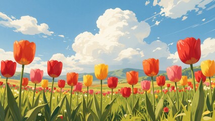 Fototapeta premium Vibrant Tulip Field with Colorful Flowers under a Bright Blue Sky with Fluffy Clouds