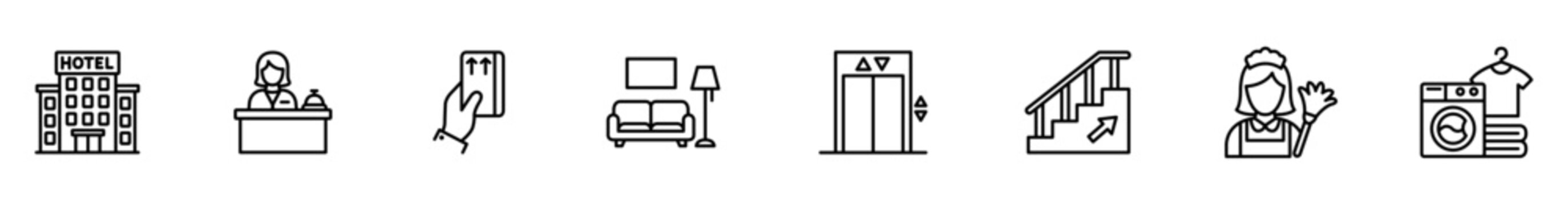Hotel hospitality icon pictogram service reception elevator staircase housekeeper laundry line art symbol set for accommodation signage, including front desk, door hanger, sofa, lift, washer