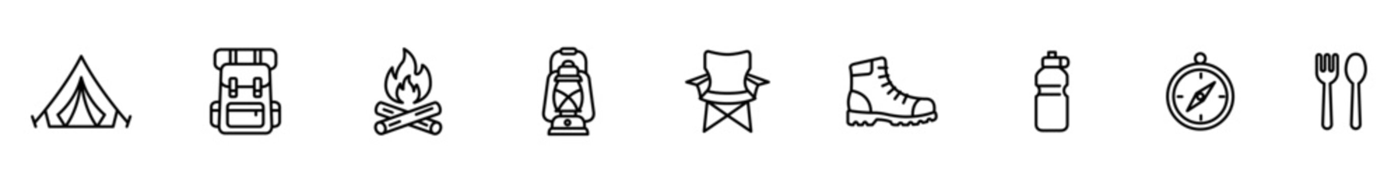 Camping outdoor icon line tent backpack campfire lantern set of minimalist outline symbol featuring chair and boot plus water bottle, compass, cutlery, travel gear for web and app