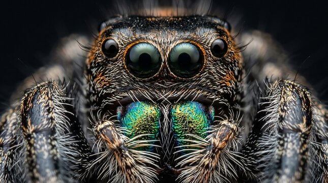 Extreme Close-Up of a Jumping Spiders Face with Iridescent Chelicerae and Large Eyes.