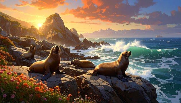 A serene coastal scene with sea lions on rocks at sunset