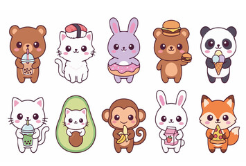Fototapeta premium Adorable kawaii animal character collection featuring bunny, bear, monkey, and cat in pastel tones, perfect for kids products and sticker packs.