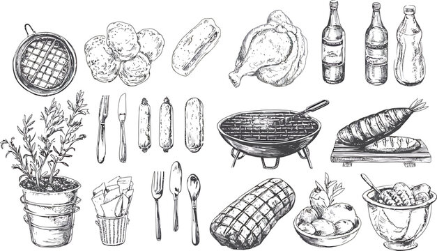 HandDrawn Sketch of Barbecue Food and Cooking Utensils.
