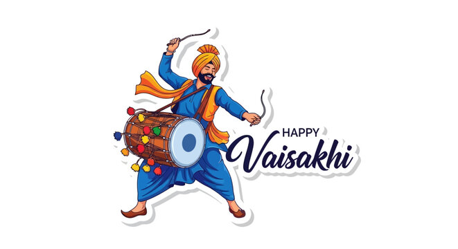A vibrant vector illustration features a Sikh man playing a dhol drum against a clean white background, celebrating the happy Vaisakhi festival with traditional Punjabi cultural elements
