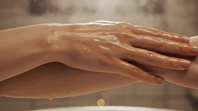 Close up shot of hands applying golden oil onto damp skin with steam rising for moisturizing and skincare after shower in 4K
