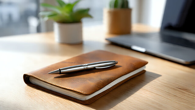 A closed leather-bound notebook rests on a wooden desk, with a pen on top, and a laptop and potted plants in the blurred background