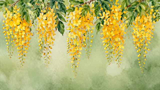 Artistic watercolor painting showing lovely yellow blossoms hanging loosely over a soft green painted background to mark vishu the creative new year among hindu festivals