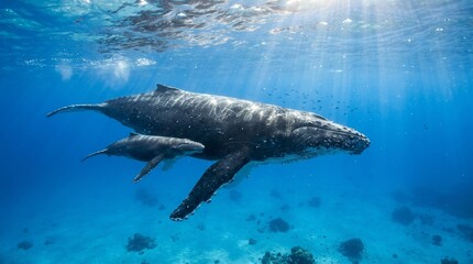 Fototapeta premium Majestic Humpback Whale and Calf Swimming in Clear Blue Ocean Waters.