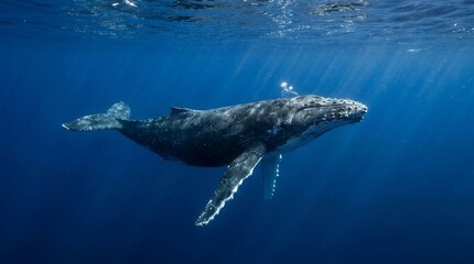 Fototapeta premium Majestic Humpback Whale Gliding Gracefully Through the Deep Blue Ocean Waters.