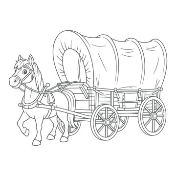 A charming cartoon horse pulling a classic covered wagon with a fabric canopy representing historical travel and transportation vector on white background