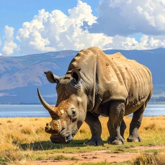 Fototapeta premium A large rhinoceros grazes peacefully in a grassy field by a lake