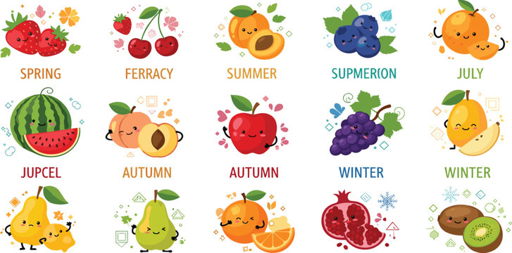 Seasonal Fruit Icon Set Featuring Spring, Summer, Autumn, and Winter Fruits with Cute Characters for Fun and Fresh Designs