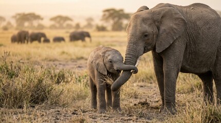 Fototapeta premium Majestic Mother Elephant Nurtures Her Adorable Calf in the African Savannah at Sunrise.
