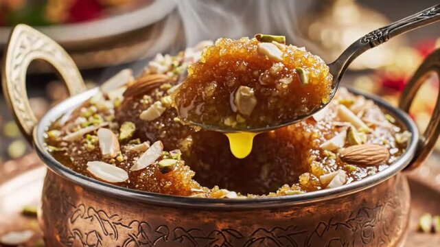 Spoon Lifting Halwa Sweet Dessert With Nuts From Copper Bowl Indian Traditional