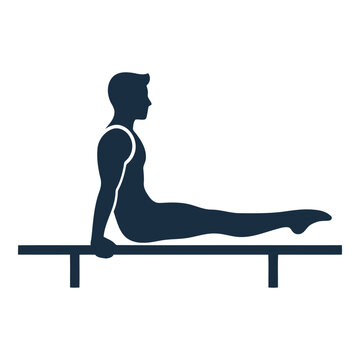Silhouette of a male gymnast performing a strength pose on parallel bars in a sports competition event vector on white background