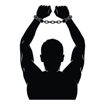 Silhouette of a persons upper body and arms raised in the air wearing handcuffs symbolizing imprisonment or restriction vector on white background