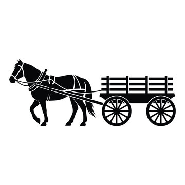 Silhouette of a strong workhorse pulling an oldfashioned wooden cart with wheels on a white background symbolizing rural transportation and historical farming practices vector on white background