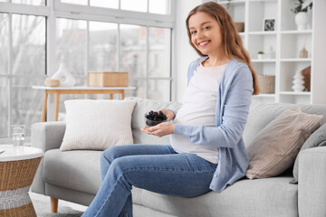 Obraz premium Young pregnant woman with dried prunes sitting on sofa at home
