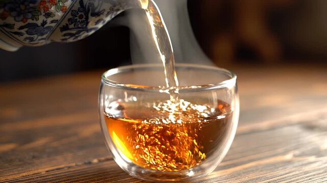 Pouring tea into a glass cup.