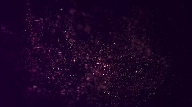 A mesmerizing display of sparkling purple particles and stars on a dark background, creating a magical and dreamy atmosphere with a sense of movement and energy