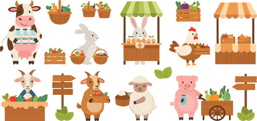 Fototapeta premium Set of Farm Market and Animal Illustrations Featuring Cow, Goat, Sheep, Pig, Chicken, and Fresh Organic Produce Stalls