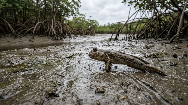 Mudskipper fish in its natural habitat, a muddy mangrove forest.