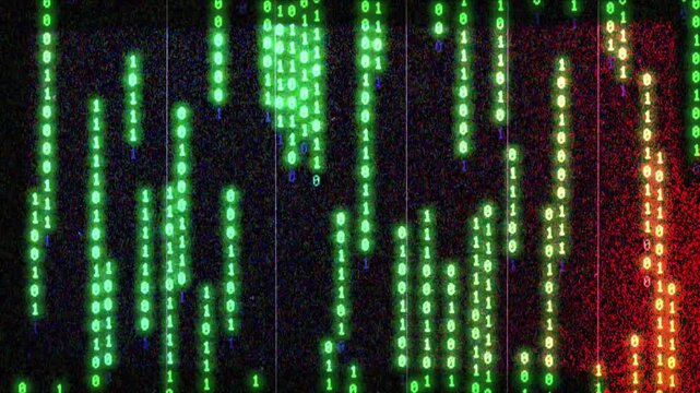 Green glowing binary code falling down on screen with retro style film grain and frame texture
