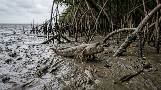 Mudskipper on a muddy bank in a mangrove forest with the ocean in the background under an overcast sky.