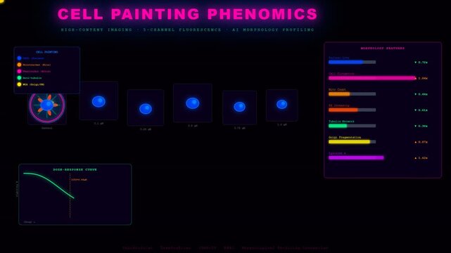 Advanced biotechnology visualization illustrates cell painting phenomics and AI Drug Discovery, showcasing morphology profiling data with dose-response curves on a dark digital interface.