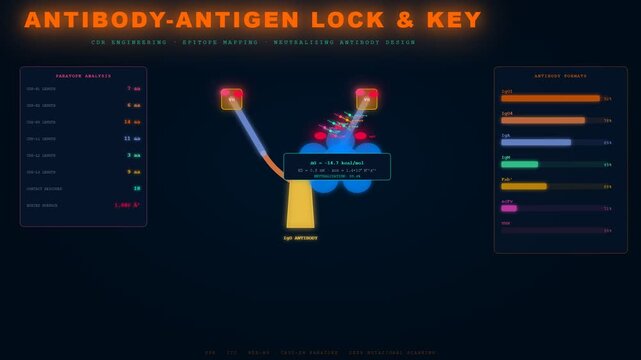 An animated scientific visualization of antibody-antigen lock and key binding, central to AI drug discovery initiatives, showing detailed paratope analysis and therapeutic design.