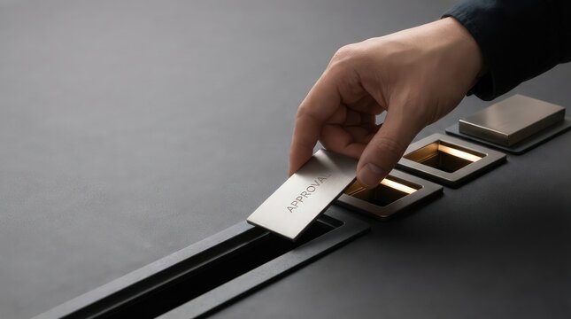 Hand placing metal approval plate into structured workflow lane on dark graphite background with copy space for business operations governance compliance presentation header
