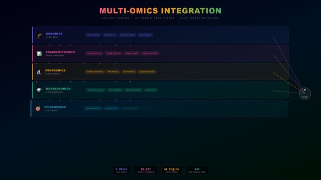 Showcasing the analytical process, AI drug discovery is powered by multi omics data integration in a dynamic digital interface.