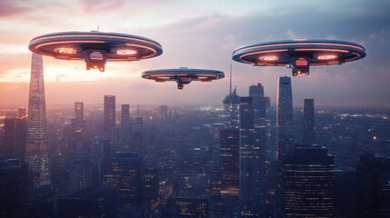 Fototapeta premium Futuristic cityscape with flying saucers hovering above illuminated skyscrapers