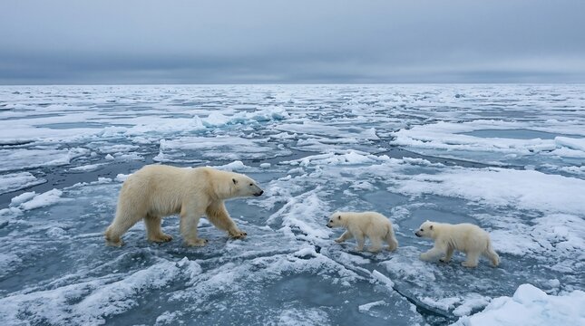 Polar bear mother and two cubs walking on melting ice in the Arctic.