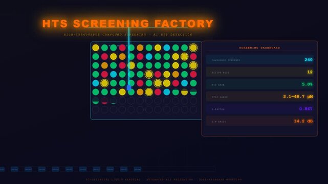 An advanced high throughput screening factory features an AI Drug Discovery process visualized on a digital interface tracking compounds, active hits, and scientific data.