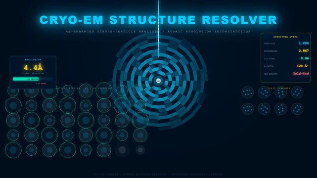 Future-forward scientific research on AI Drug Discovery using sophisticated Cryo-EM technology achieves atomic resolution reconstruction displayed on an elegant digital interface with real-time data.