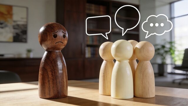 Sad wooden man facing group of people with speech bubbles concept of loneliness exclusion bullying social isolation conflict depression sadness introversion difficult conversation