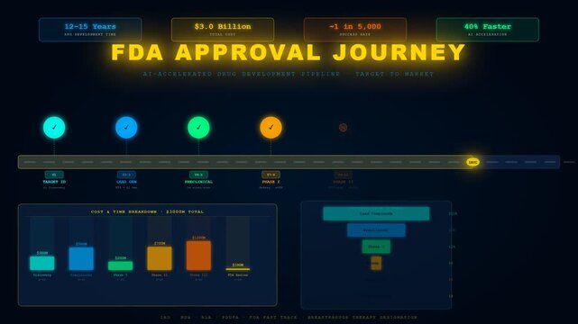 Visualizing the pharmaceutical pipeline a comprehensive look at AI drug discovery speeding up the FDA approval journey with cost and time insights and success rates.